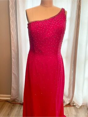 One-Shoulder Beaded Hot Pink Prom Gown